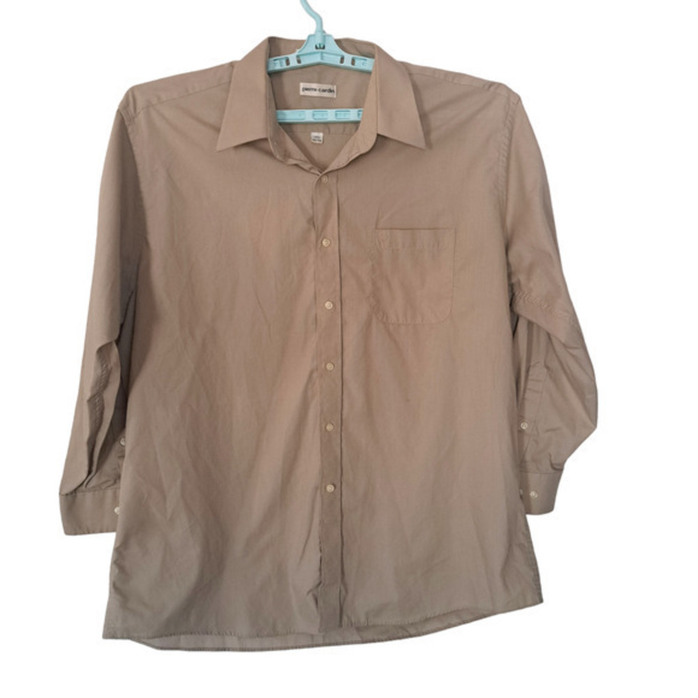 Pierre Cardin Womens 3/4 Sleeve Collared Button Dress Shirt Brown‎ Sz 17.5 32/33